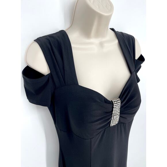 R & M Richards Cold Shoulder Rhinestone Brooch Gown Maxi Dress Sz 6 Black Split - Picture 2 of 13